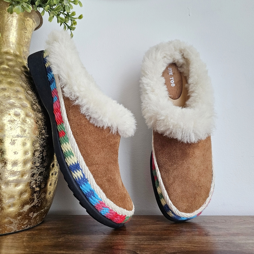 Me Too Lego Shearling Genuine Leather Brown Suede Slippers Multicolor Trim Sz 9